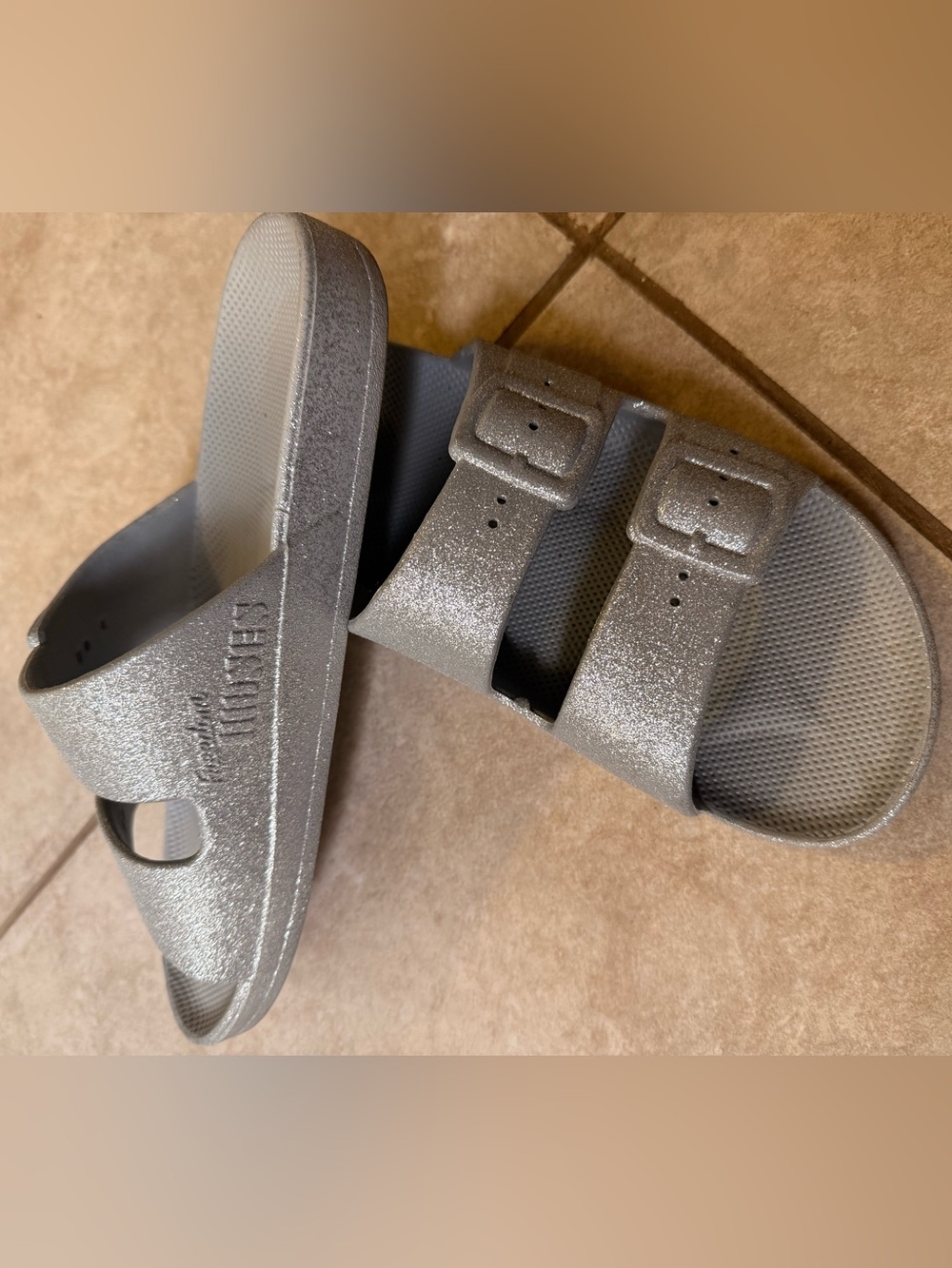 Sparkle Double-Buckle Slide Sandals — Silver